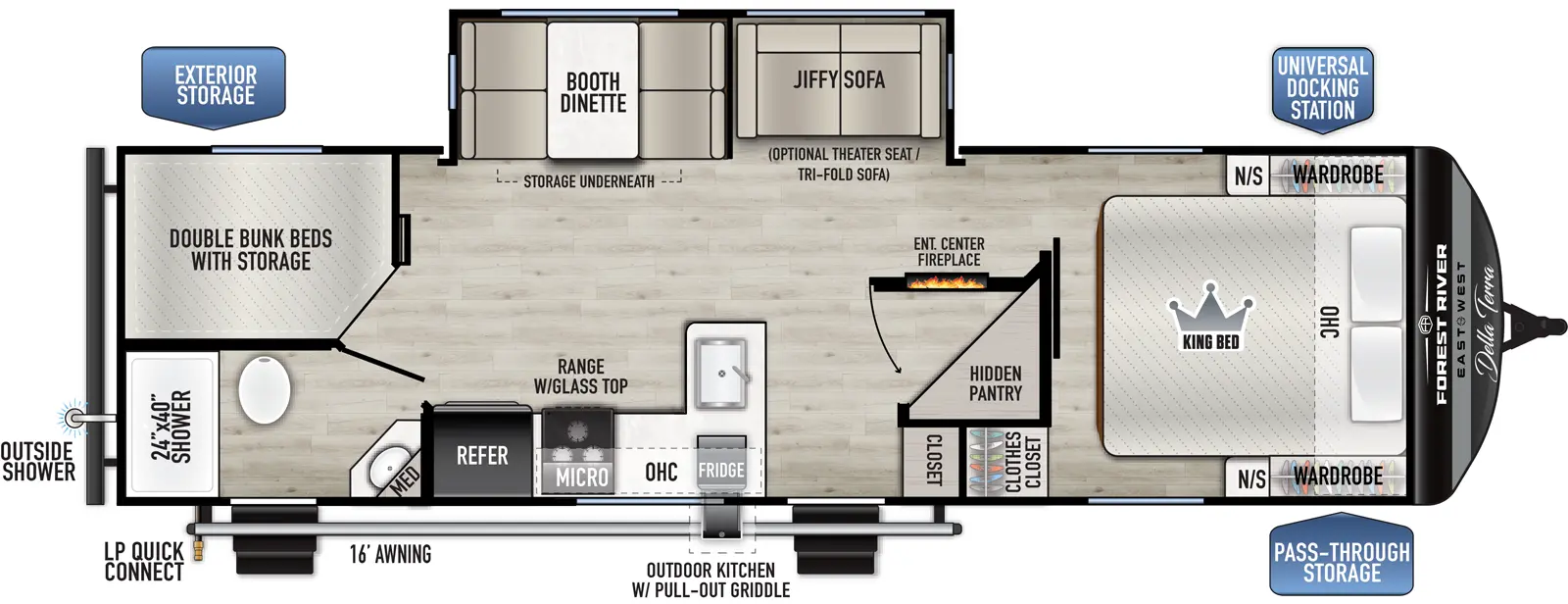 The Della Terra 275BH floorplan has two entries and one slide out. Exterior features include: metal exterior, 16' awning and outside kitchen. Interiors features include: bunk beds and front bedroom.